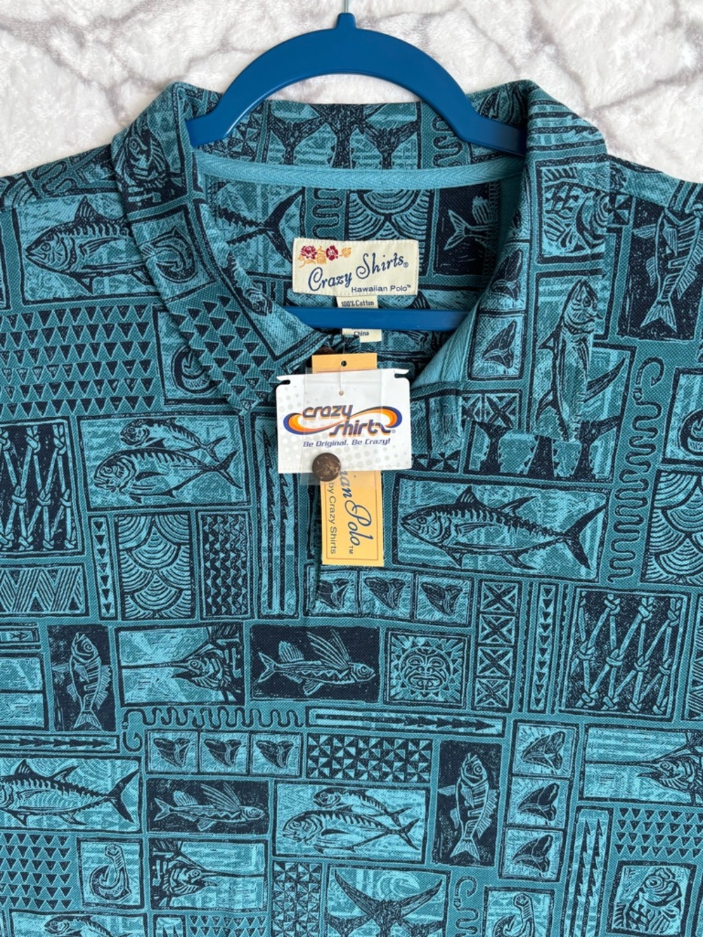 CRAZY SHIRTS  Hawaiian Polo Shirt NWT Men’s XXL Day’s Catch Blue Green Black